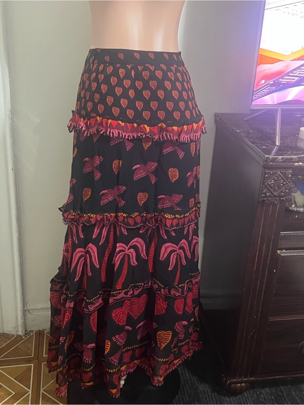 FARM RIO Women's Black & Pink Tiered Maxi Skirt - Picture 6 of 15